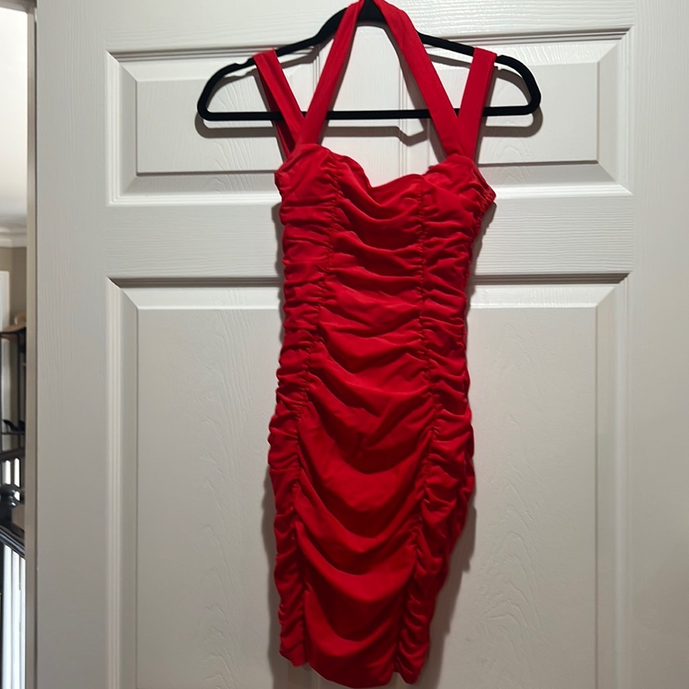 Gently worn Tiger Mist XS tight bodycon red ruched halter dress.